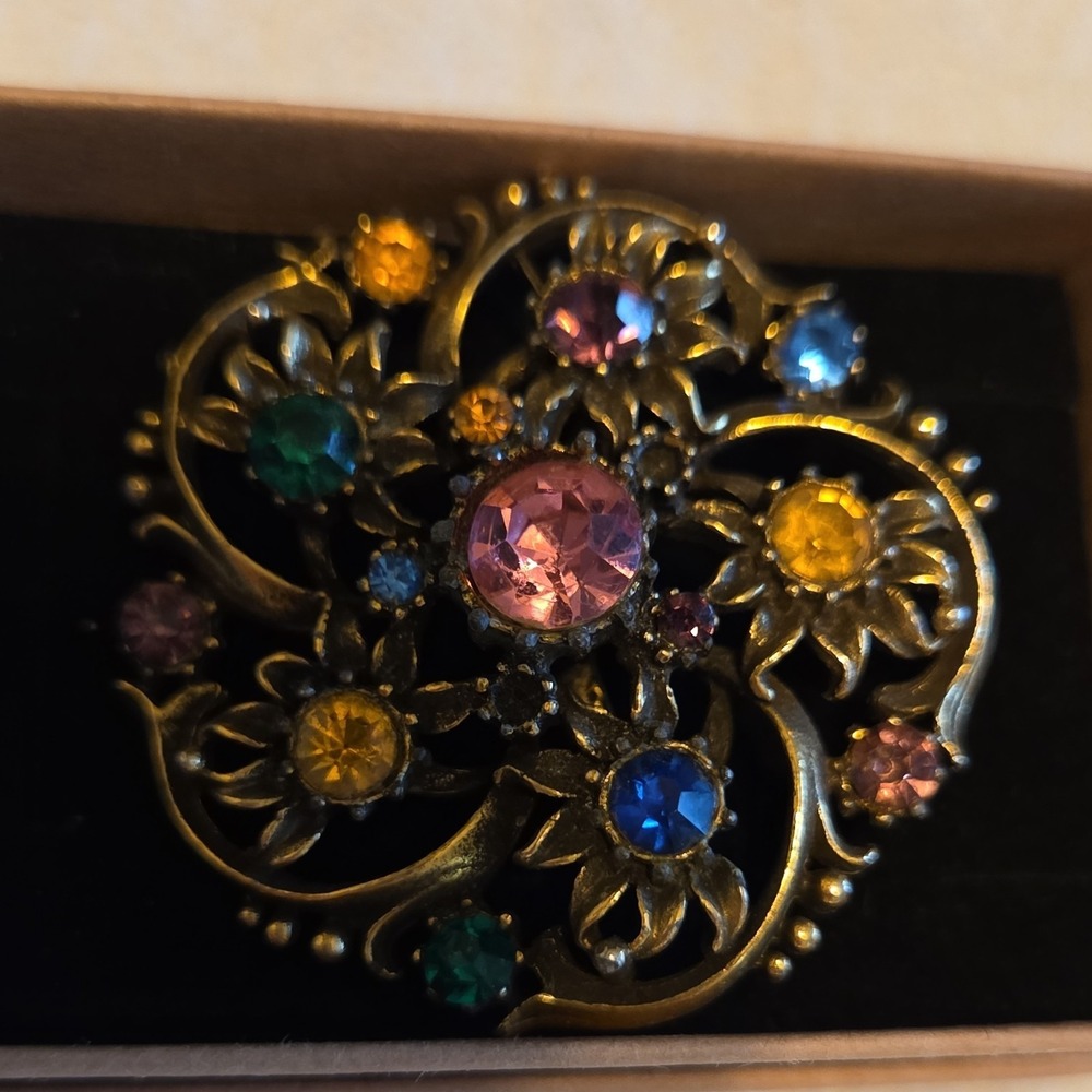 Coro Vintage Multicolor Rhinestone Flower Brooch Gold Tone Signed